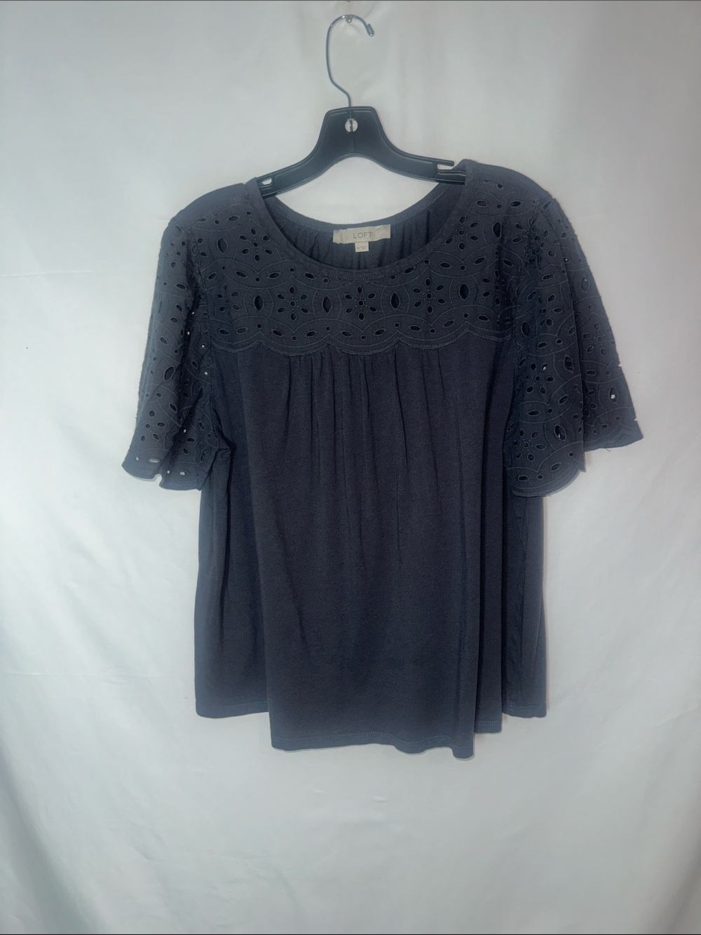 LOFT dark gray Eyelet Yoke Flutter Sleeve Top